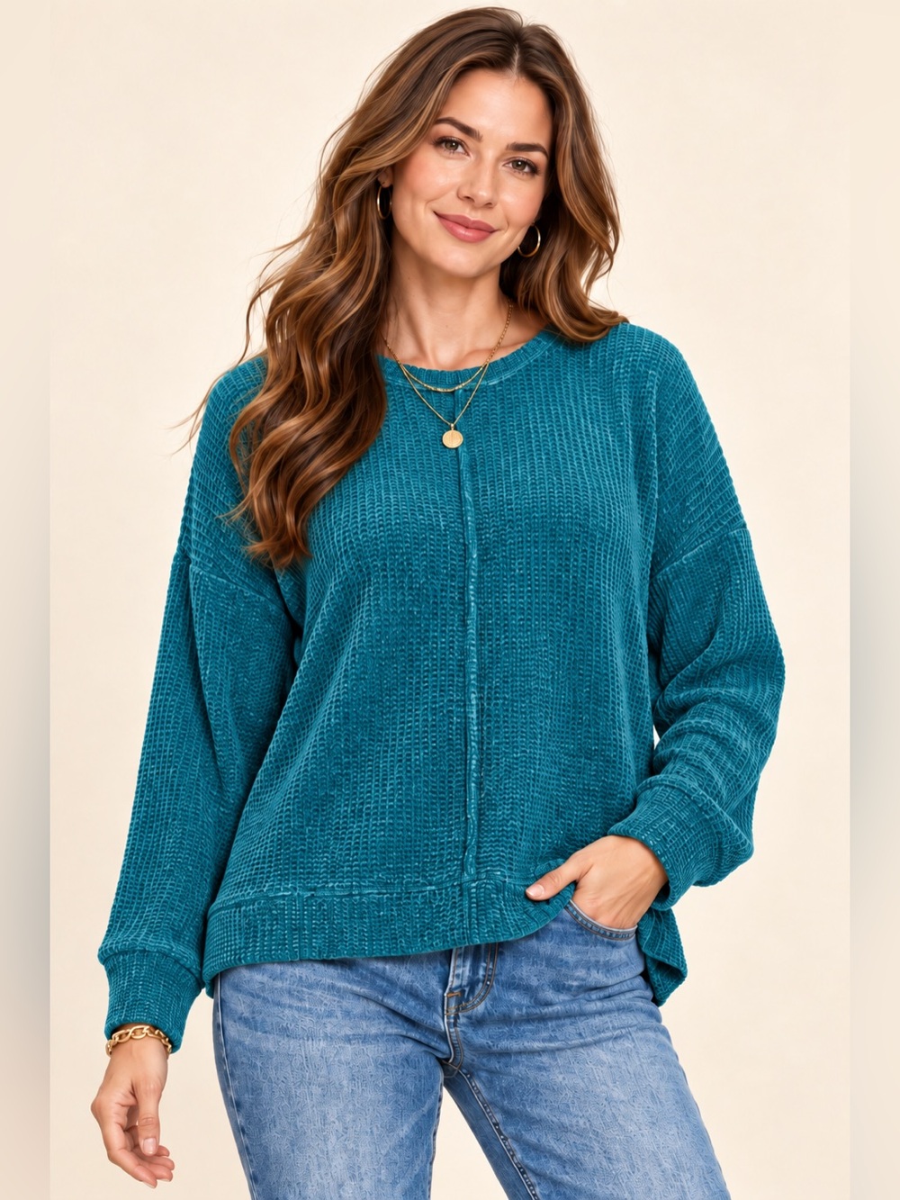 ZENANA Teal Chenille Waffle Knit Center Seam Sweater
